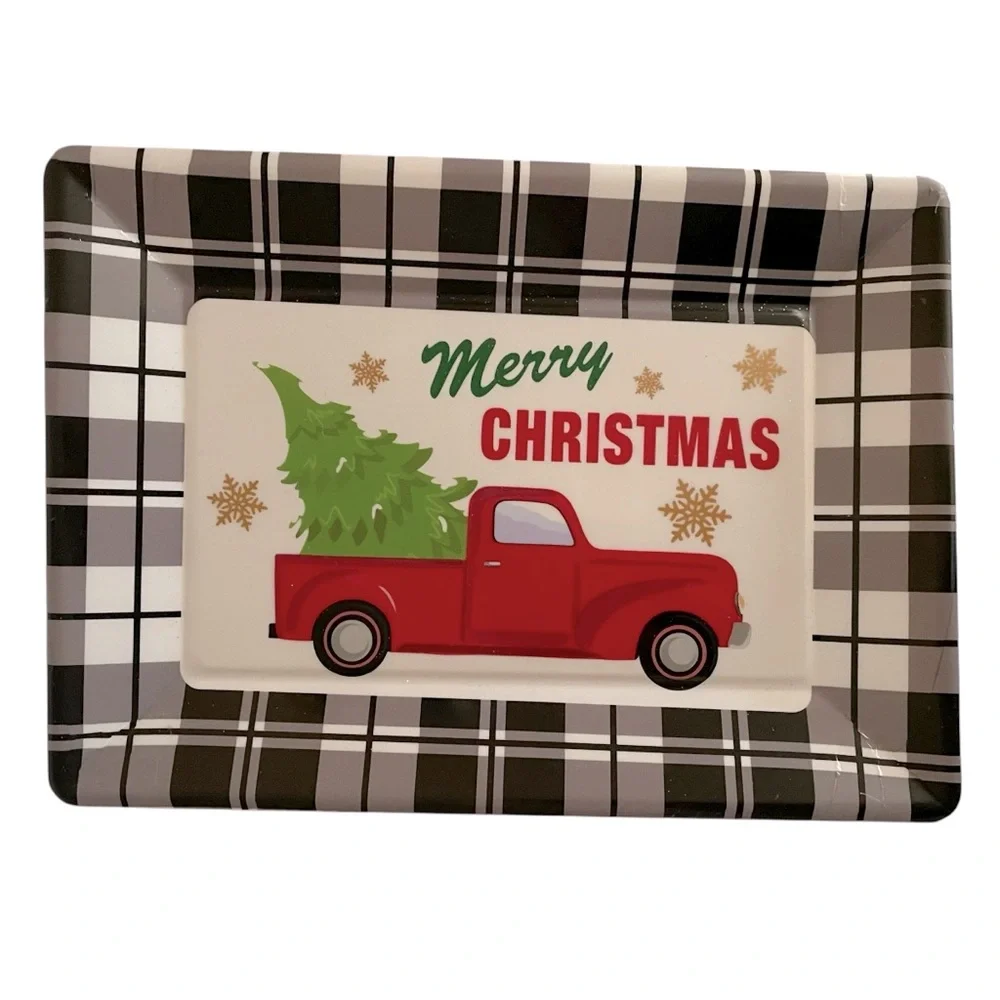 Christmas Melamine Trays Black White Plaid Border Red Truck Tree Set of Two
